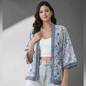 Boho Kimono Cardigan Blue White Mandala Print Open Front Max Studio Medium M/L